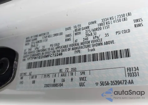 2021 Ford F150 Supercrew из США, поврежденный, VIN 1FTFW1ED5MFC72248